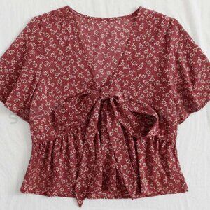SHEIN Ditsy Floral Tie Front Peplum Blouse | Red